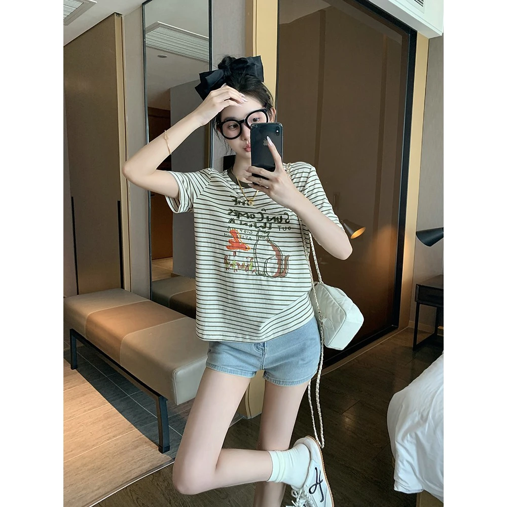 条纹短袖T恤女夏季新款韩系设计感趣味卡通猫咪印花正肩休闲上衣