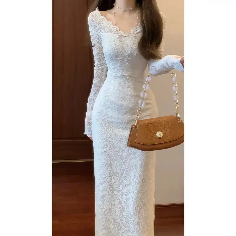 【媚娘】优美一字肩V领两穿蕾丝连衣裙蝴蝶结收腰气质长裙8762