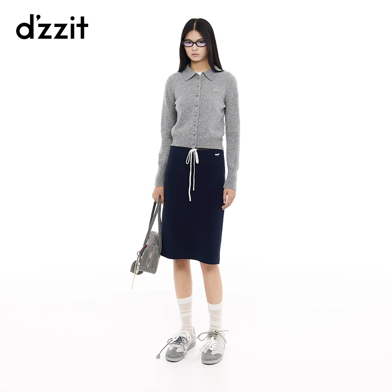 dzzit地素针织衫25春新款绵羊毛翻领纯色修身长袖开衫女3J1E539