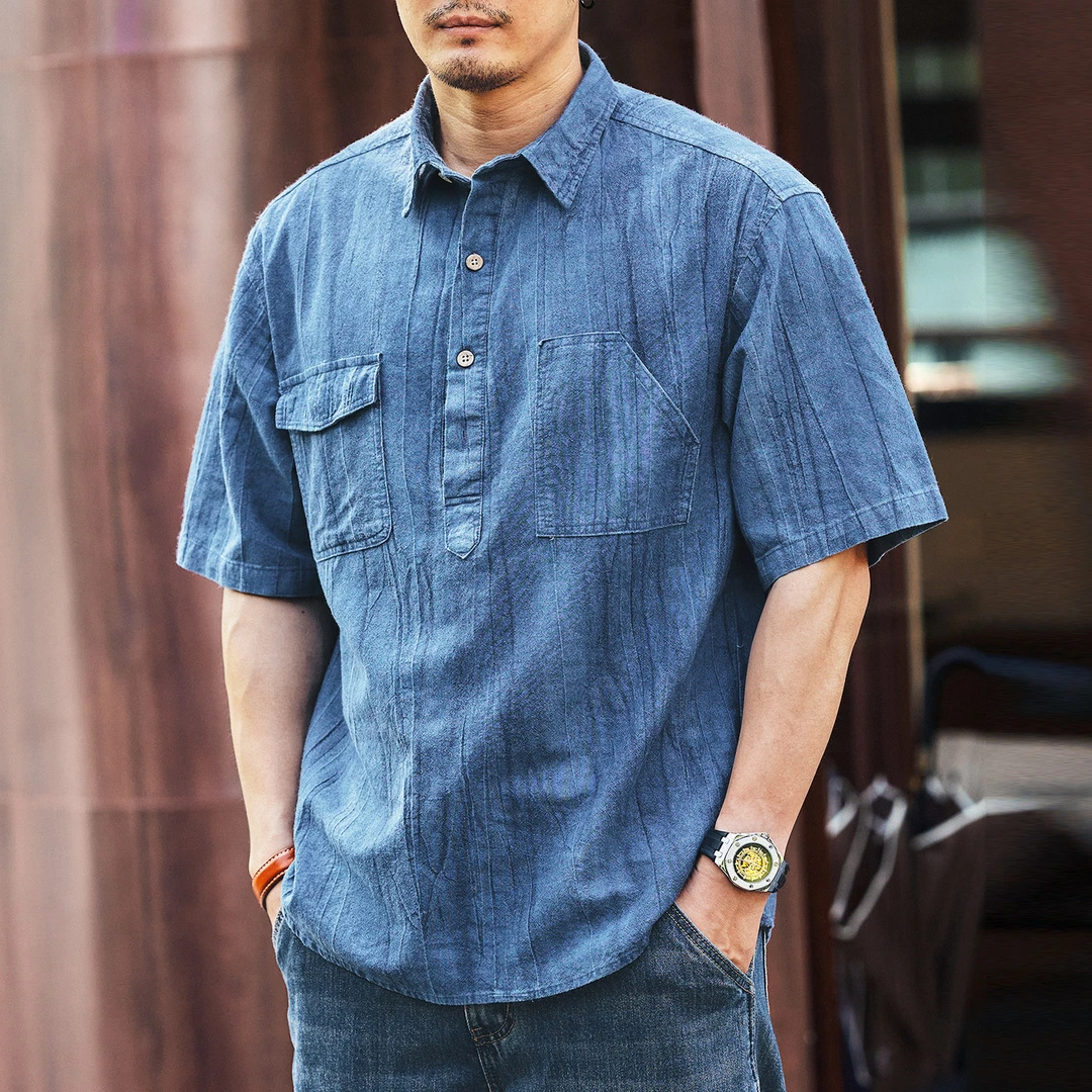 格蓝鹿美式复古夏季薄款短袖衬衫男潮牌宽松冰丝凉感翻领半袖衬衣