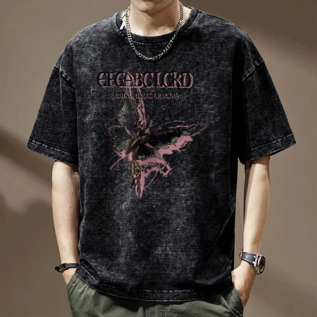 通勤港风男士印花创意扎染男装短袖t恤休闲潮牌水洗做旧宽松黑色