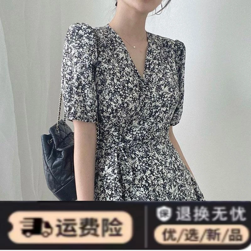 韩国chic夏季复古优雅交叉V领系带收腰显瘦泡泡袖碎花A字连衣裙女