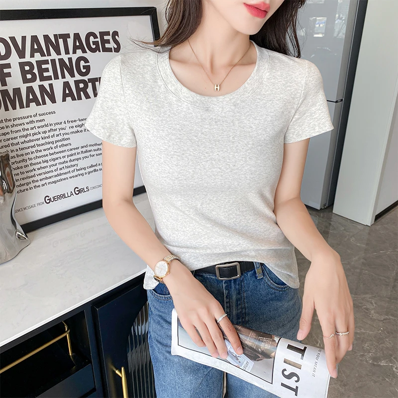 短袖t恤女夏季2024新爆款正肩纯棉U领紧身打底衫半袖洋气辣妹上衣