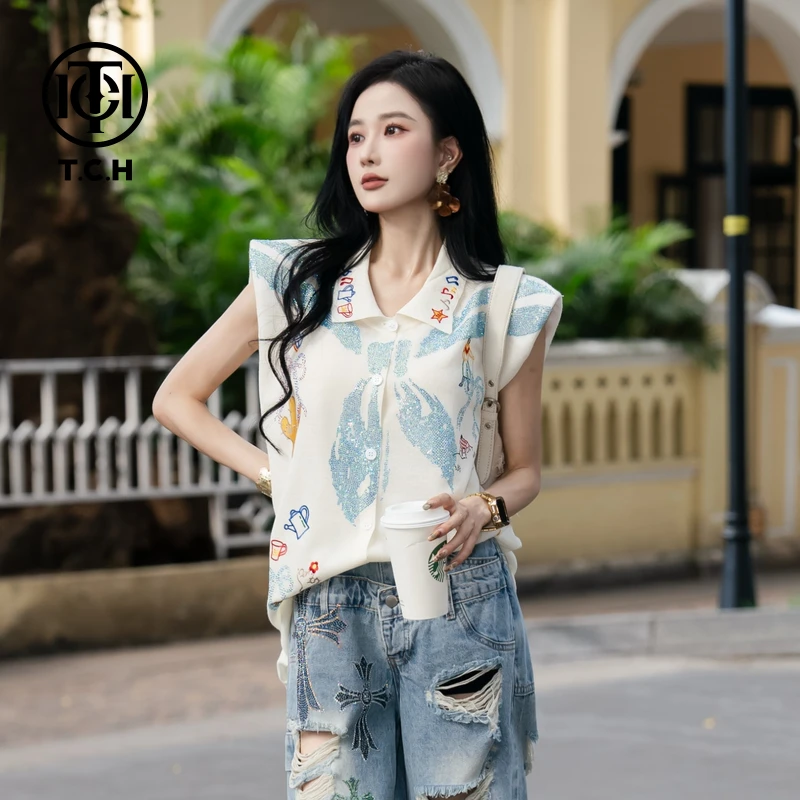 TCH私服烫钻工艺时尚休闲百搭气质针织T恤女T75B09E5065轻奢tch