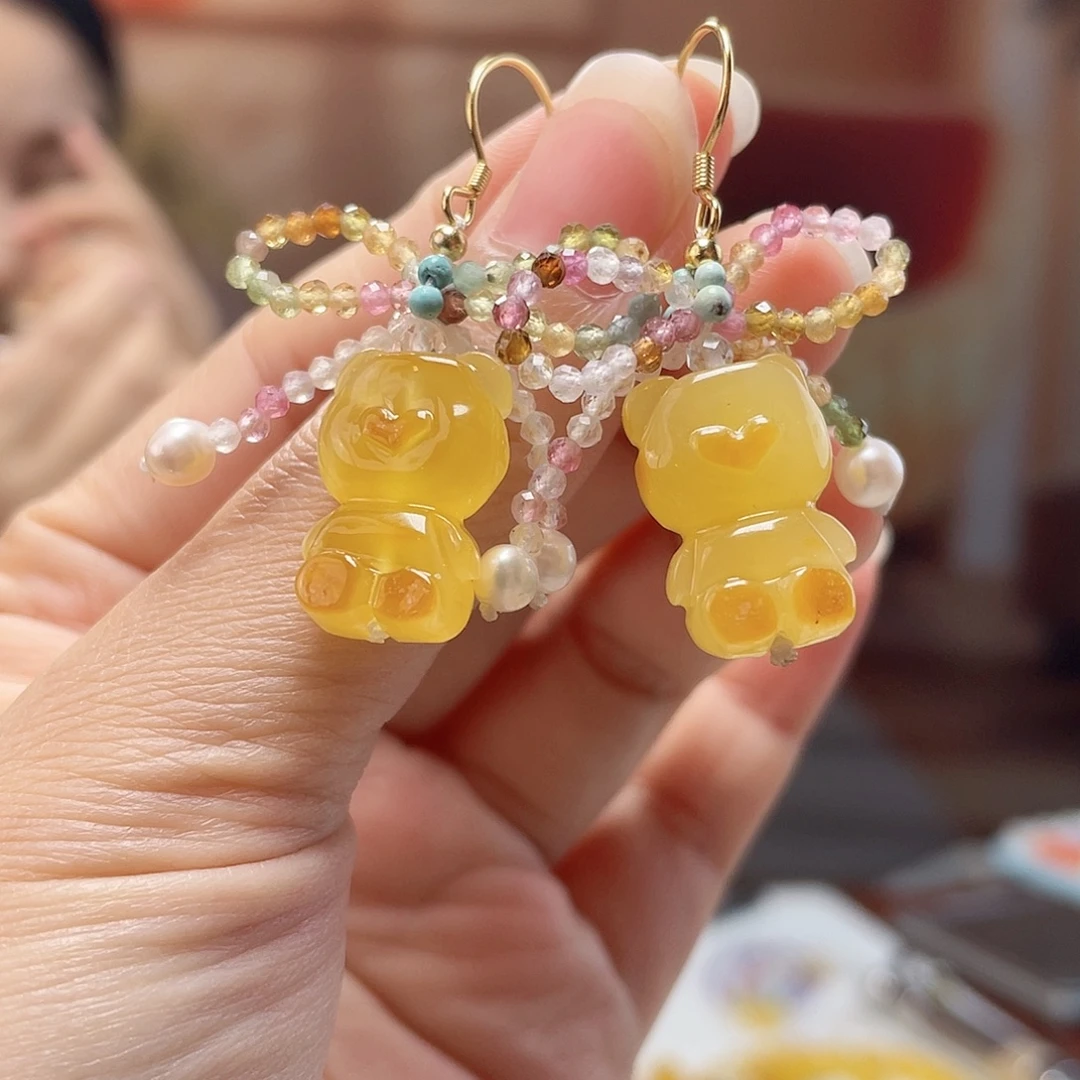 裸石蜜蜡银S925镀金镶嵌蜜蜡耳环