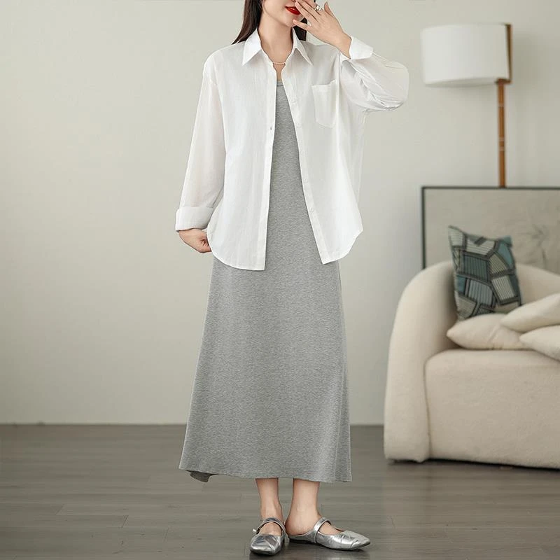 实拍2025秋装大码女装韩版吊带连衣裙防晒衬衫两件套