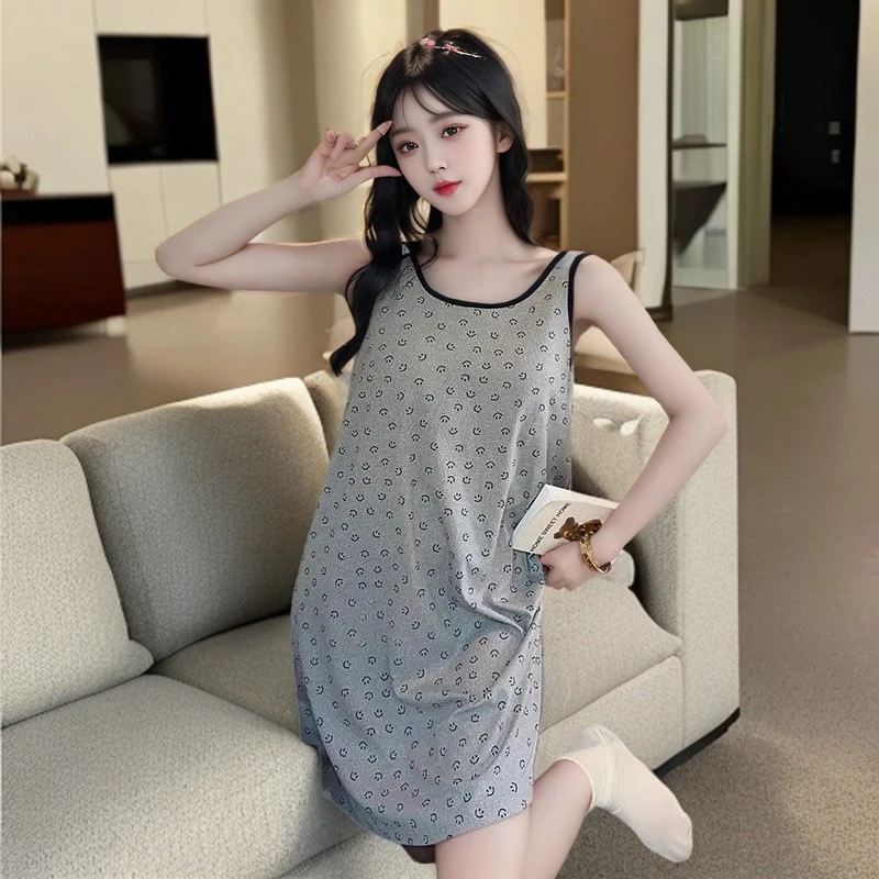 自带胸垫笑脸睡裙女夏季薄款无袖背心可外穿新款连衣裙吊带家居服