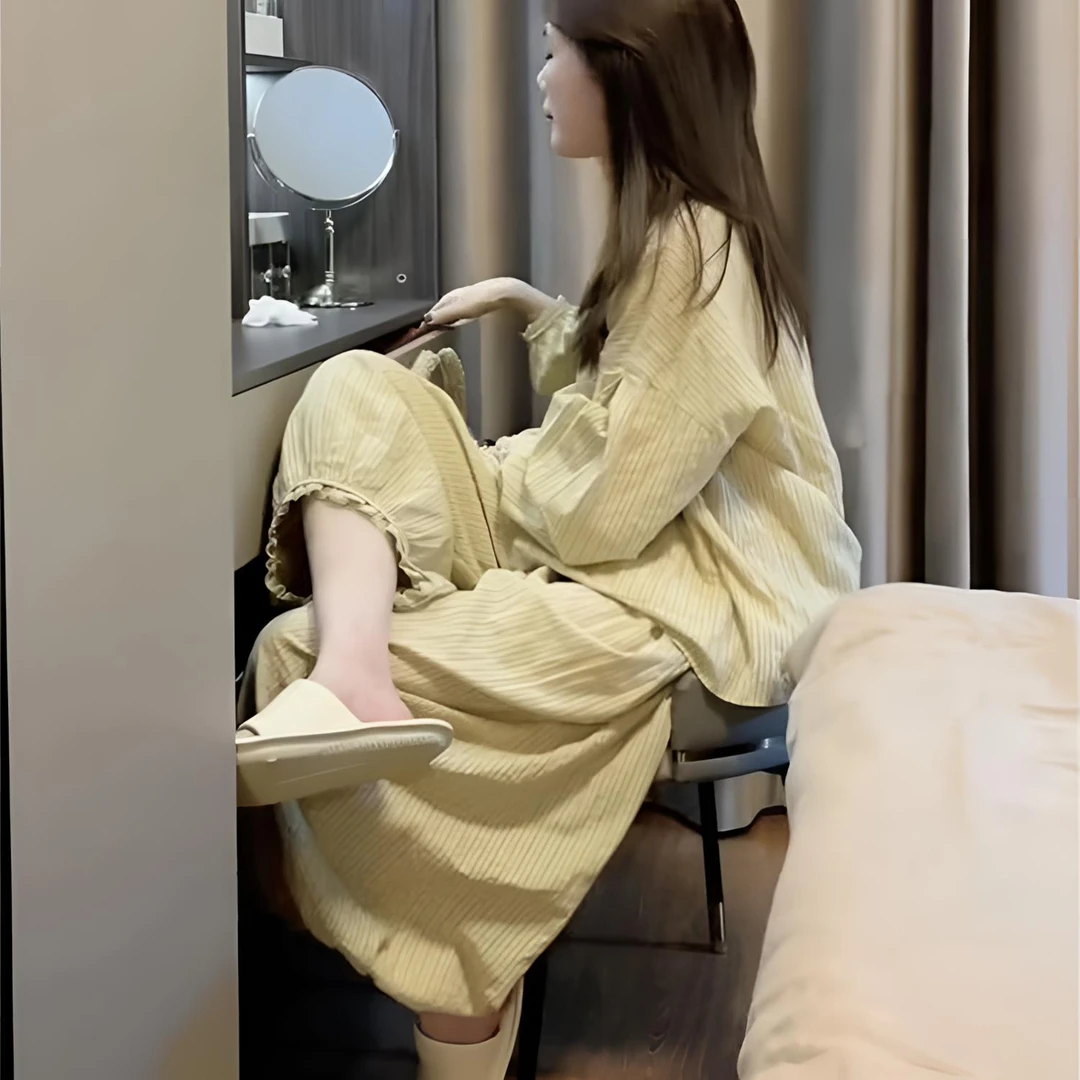 【双层棉纱】韩版长袖睡衣女款春秋季宽松舒适大码家居服套装早秋
