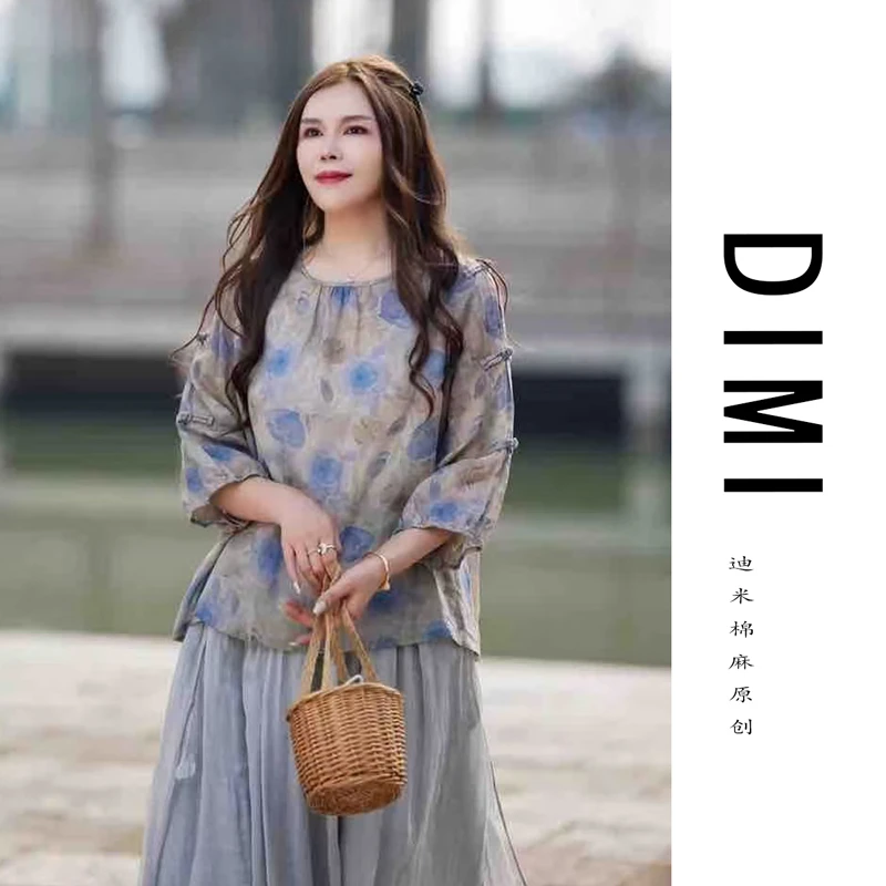 迪米春夏新款印花手工盘扣纯苎麻宽松舒适女士上衣5309