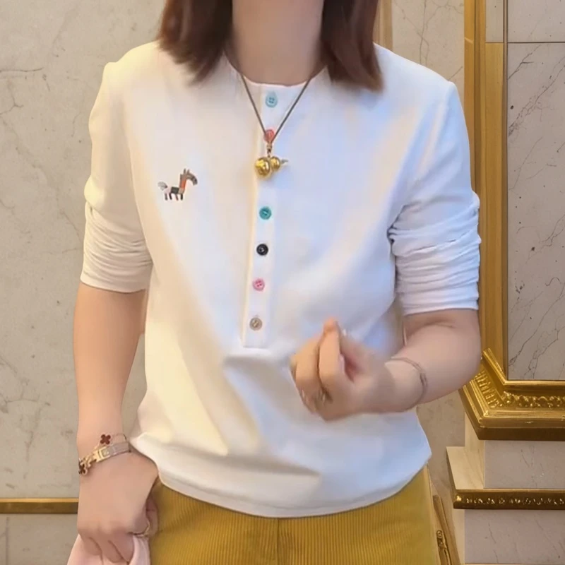 【斑马彩扣T恤】新款刺绣小马圆领长袖彩色扣显瘦T恤LK2507249