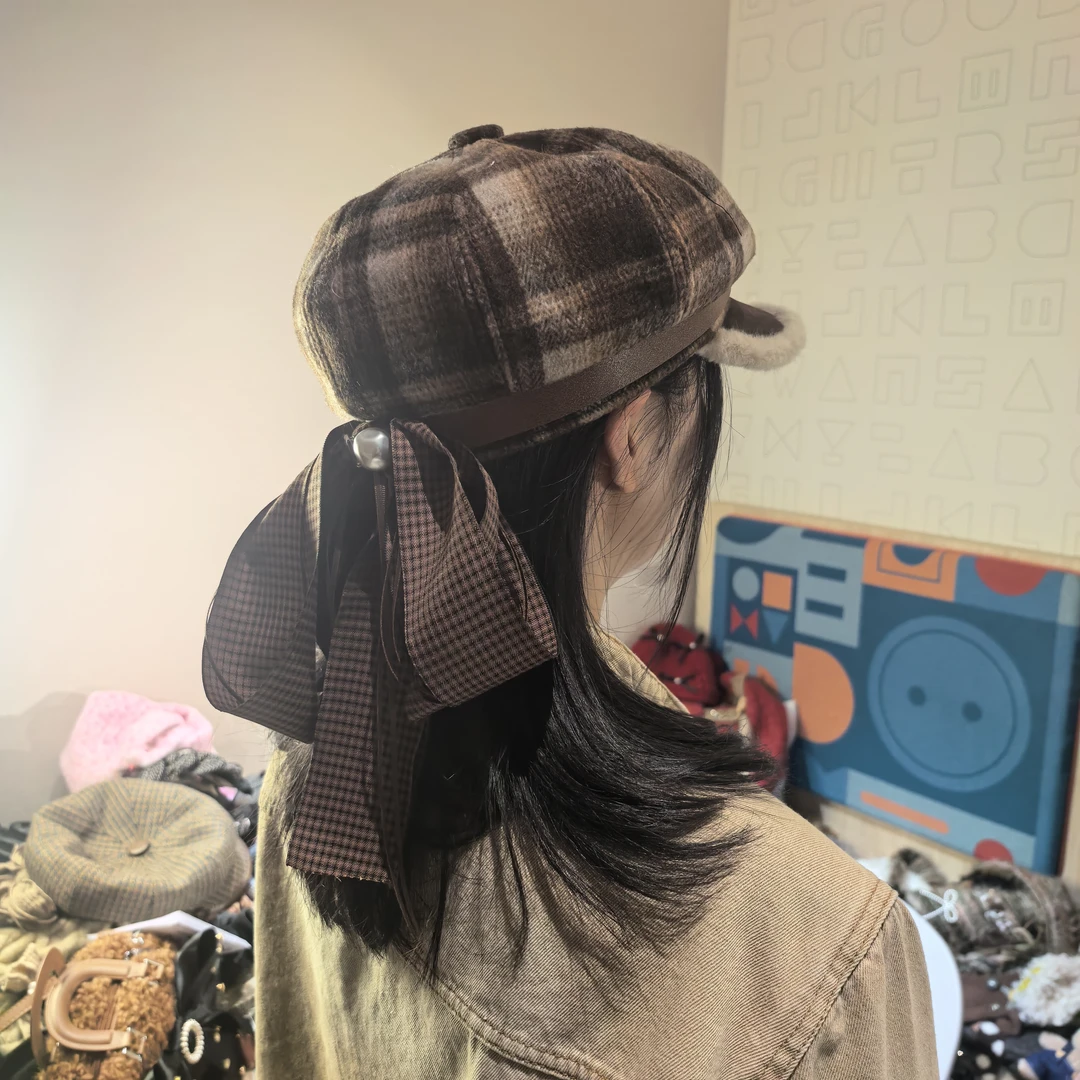 KK277咖色格子大蝴蝶结帽子