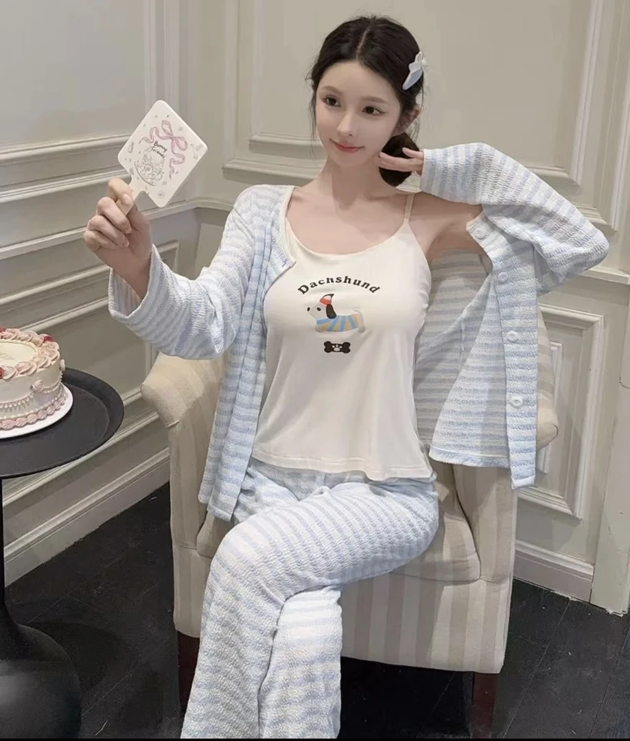 【3】居家睡衣夏季薄款带胸垫宽松长袖纯棉睡衣宽松休闲家居服套装