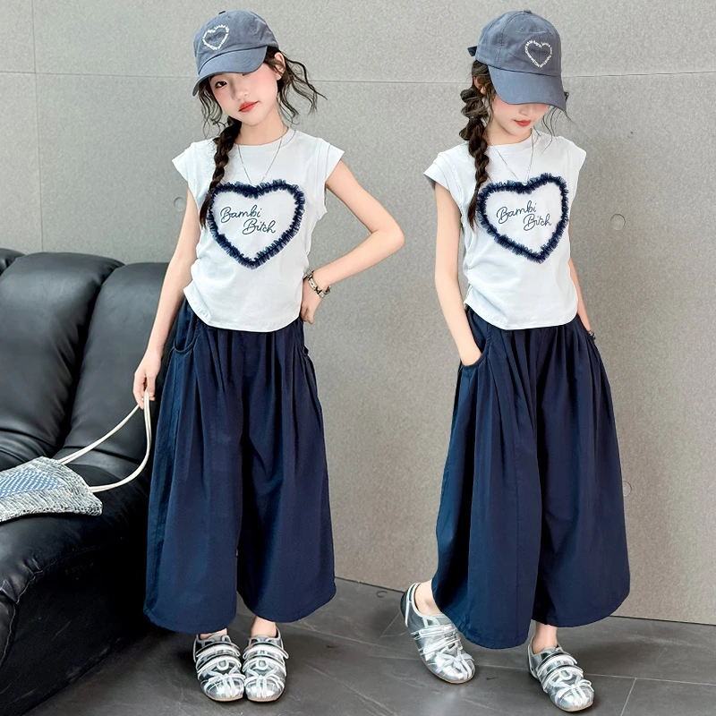 女童12-15岁夏季套装新款中大童休闲洋气无袖九分阔腿裤两件套