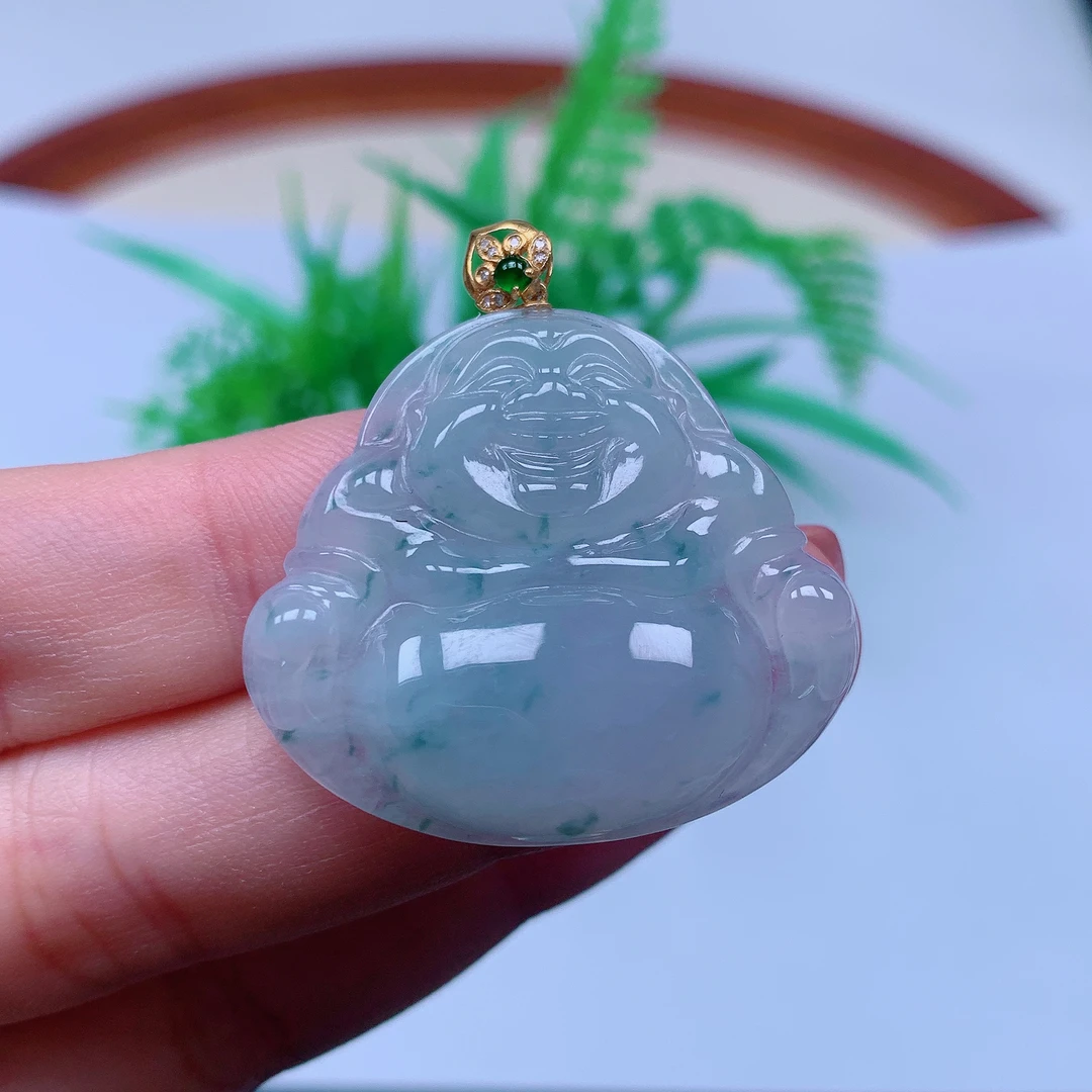 缅甸天然A货翡翠，冰飘花佛公 编号43/117尺寸 31.2-35.3-6.4
