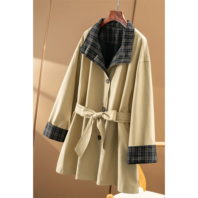 春天家 英G早秋通勤莫代尔+棉复古格纹一手长收腰风衣外套女99A7