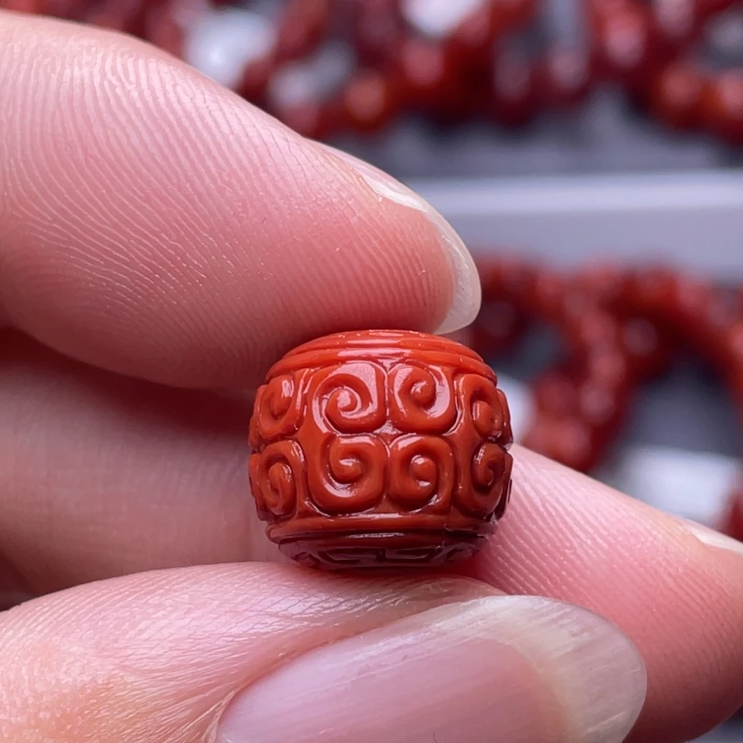 南红玛瑙未镶嵌南红玉石13.4mm瓦西锦红满色满肉精工雕刻回纹单珠