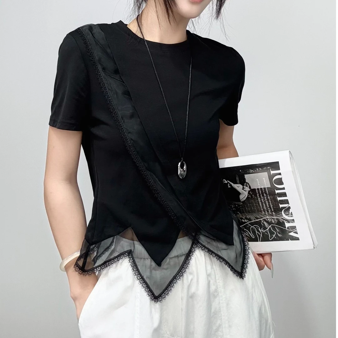 207短袖#2025夏季新款下摆拼接欧根纱蕾丝边不规则设计T恤衫上衣