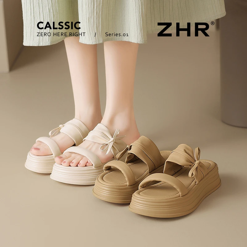 ZHR/则则厚底一字拖女夏新款蝴蝶结轻便增高时尚休闲学生外穿凉鞋