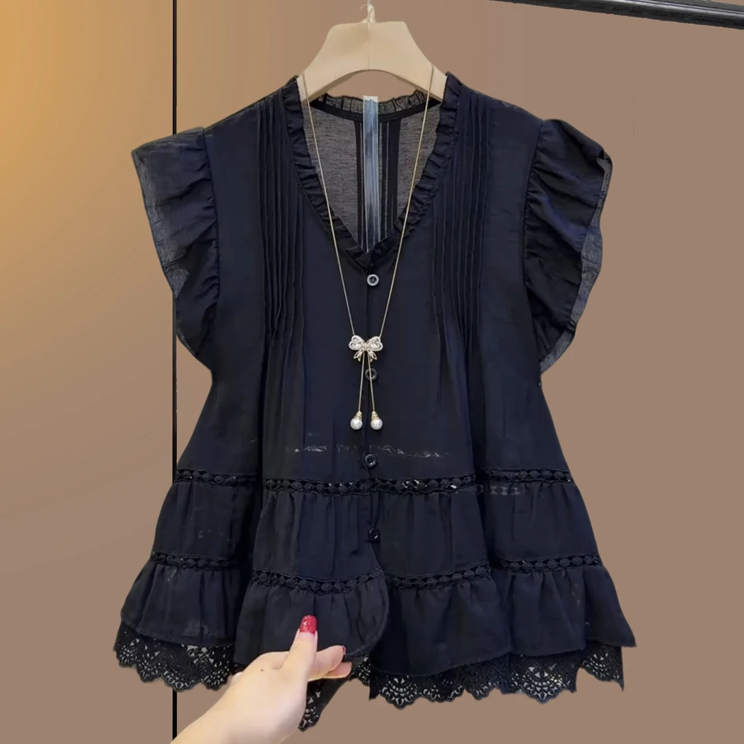 大码女装胖妹妹夏季短袖休闲荷叶边夏季衬衫蕾丝气质纯色百搭显瘦