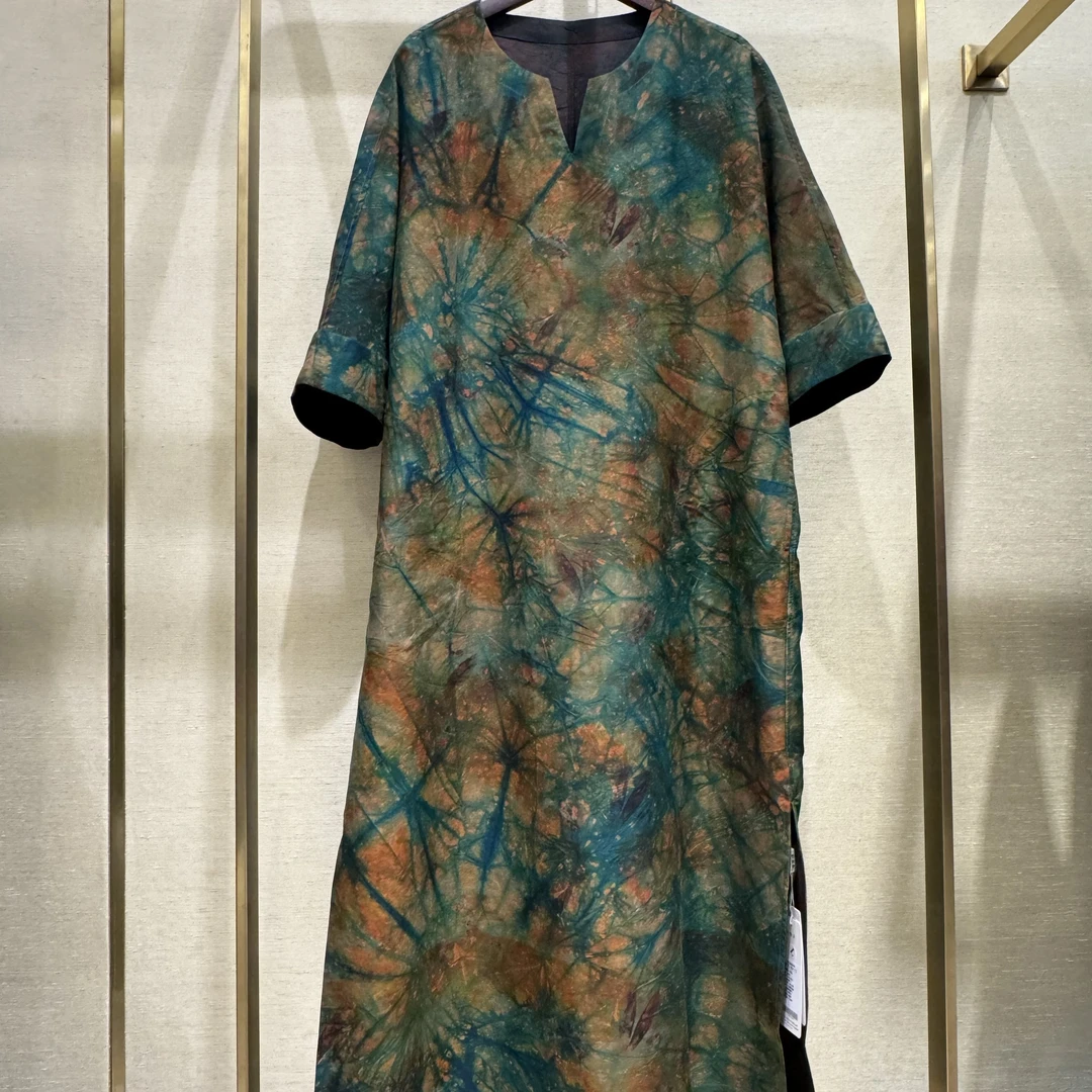 叶辰甄选香云纱 双非遗扎染红云纱素平段连衣裙(99172繁盛华丽)