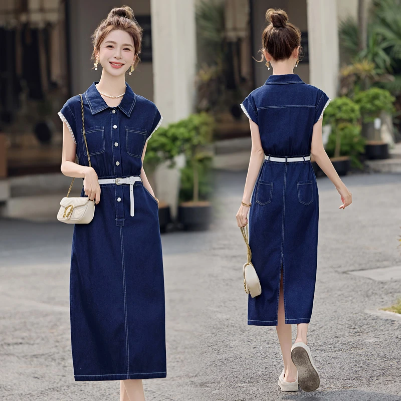 新款中长款收腰显瘦无袖牛仔连衣裙女夏显瘦时尚洋气减龄百搭裙子