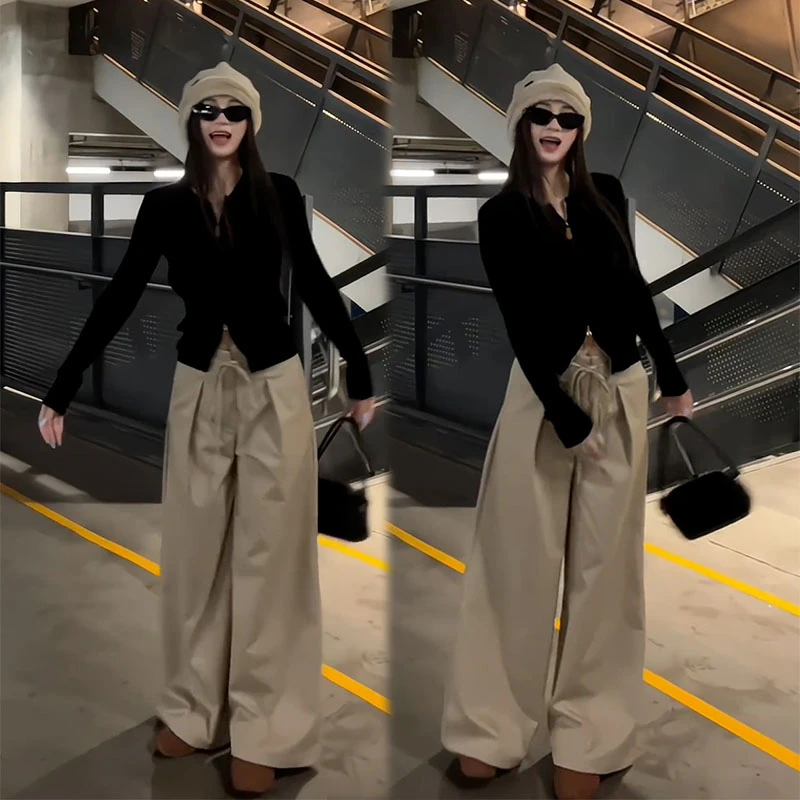 2025秋季新款设计感气质百搭长袖双拉链开衫女搭休闲阔腿裤两件套