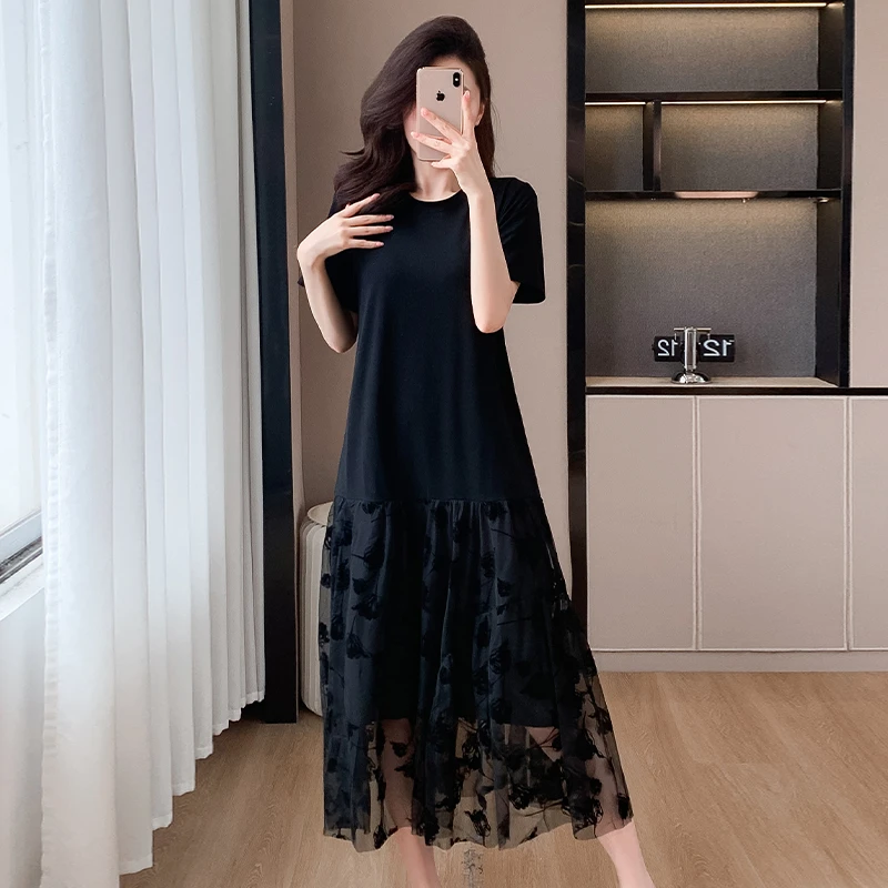 洋气高级感网纱拼接恤连衣裙新款女夏宽松遮肚显瘦长裙韩版