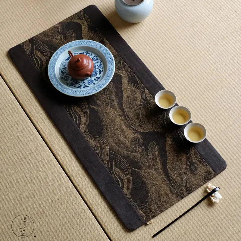 慢蓝茶具双拼真丝香云纱茶席桌旗6028双层复古国风干泡垫功夫茶道