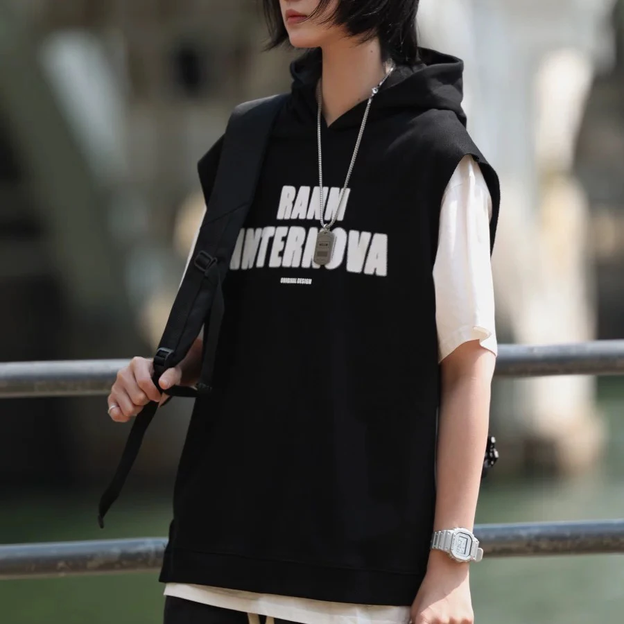 日系复古假两件短袖男女夏季新款百搭宽松设计感休闲连帽半袖t恤