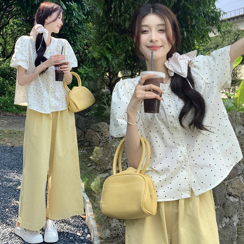 Y3511#【小V家设计版】孕妇减龄蕾丝花边波点上衣阔腿裤孕妇套