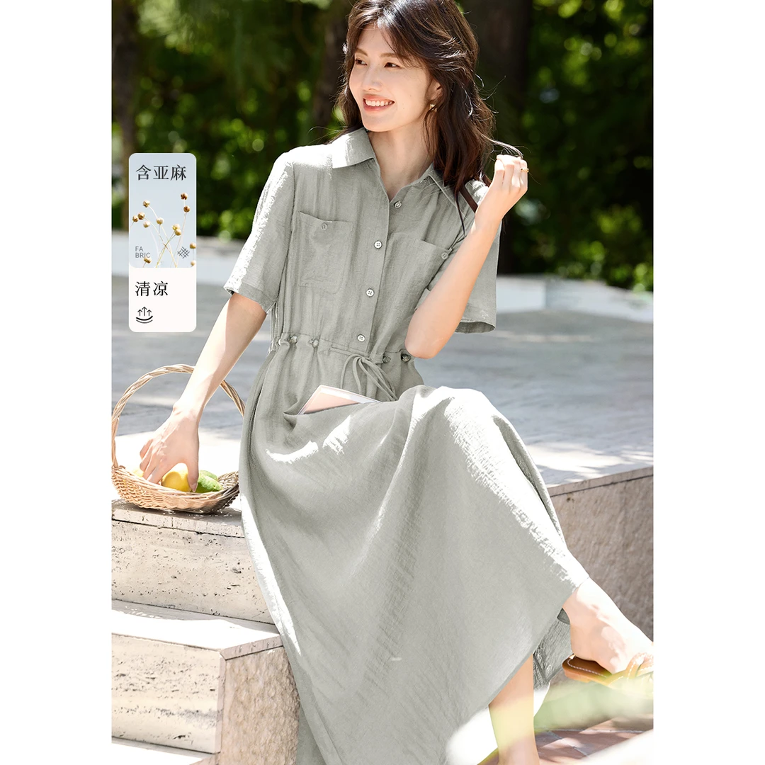 XWI/欣未【夏日轻行】含麻轻盈通透利落衬衫连衣裙25夏串珠抽绳长裙