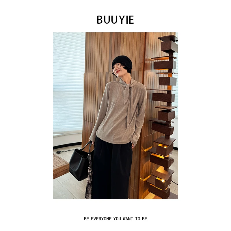 BUUYIE 25SS【荻摹】新款设计感领口系带休闲长袖T恤 250850