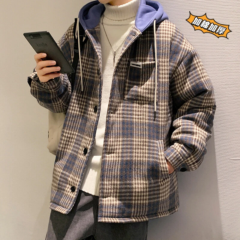 HJ21699港风潮牌冬季保暖加棉加厚连帽格子休闲百搭夹克外套棉衣