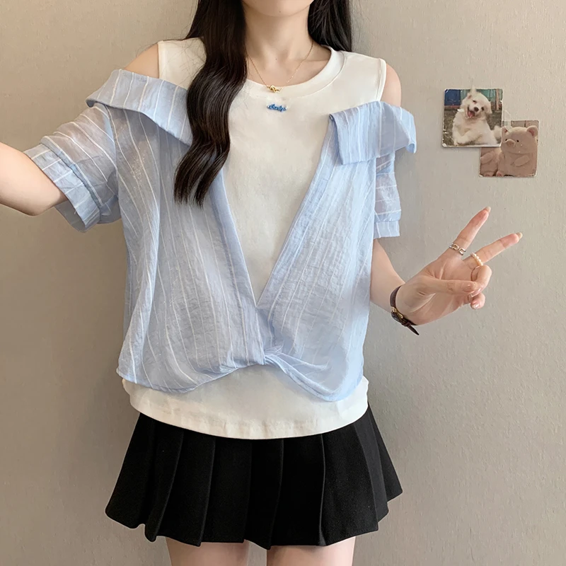 大码女装遮肚子假两件露肩短袖衬衫女夏季胖妹妹宽松显瘦洋气上衣