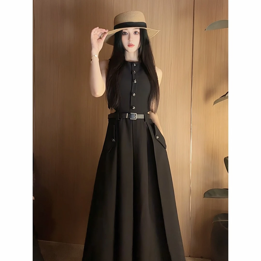 M223 高腰无袖时尚连衣裙女轻奢设计感气质黑色镂空显瘦裙子小众