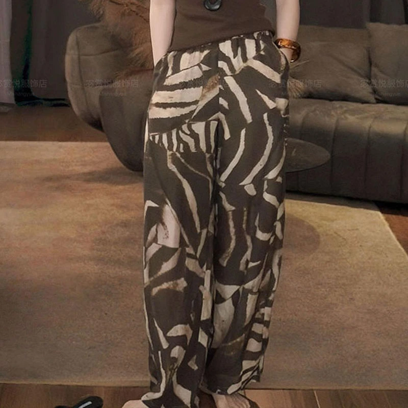 复古民族风印花休闲裤女薄款2025夏新垂感直筒裤宽松高腰阔腿裤子