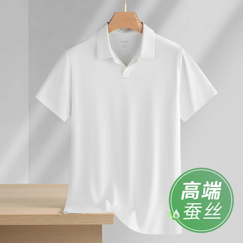 景君澜-高端蚕丝短袖t恤夏季薄款宽松休闲运动翻领白色POLO衫上衣