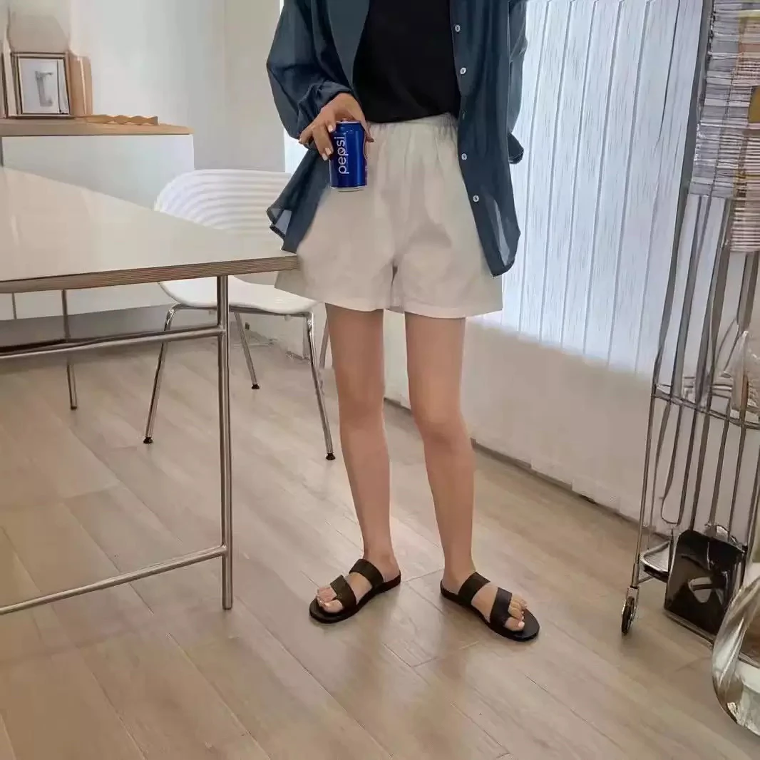 全棉水洗高腰阔腿短裤夏季松紧腰短裤休闲牛仔气质