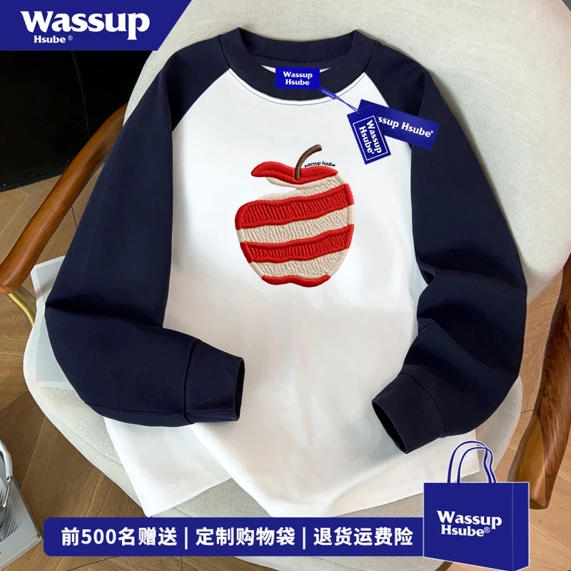 WASSUP HSUBE秋季苹果ins趣味印花长袖T恤男女美式设计感插肩上衣