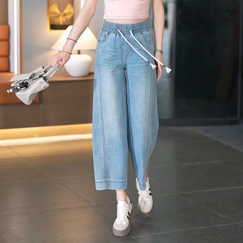 哥弟阿玛施正牛仔裤女收腰新款夏季高腰窄版阔腿裤宽松显瘦九分裤