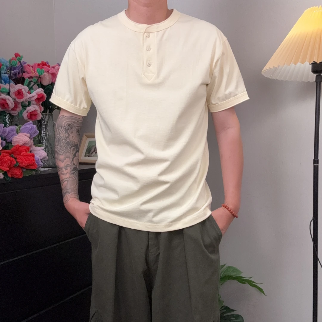 阿美咔叽复古工装亨利领三本针工艺全棉短袖T