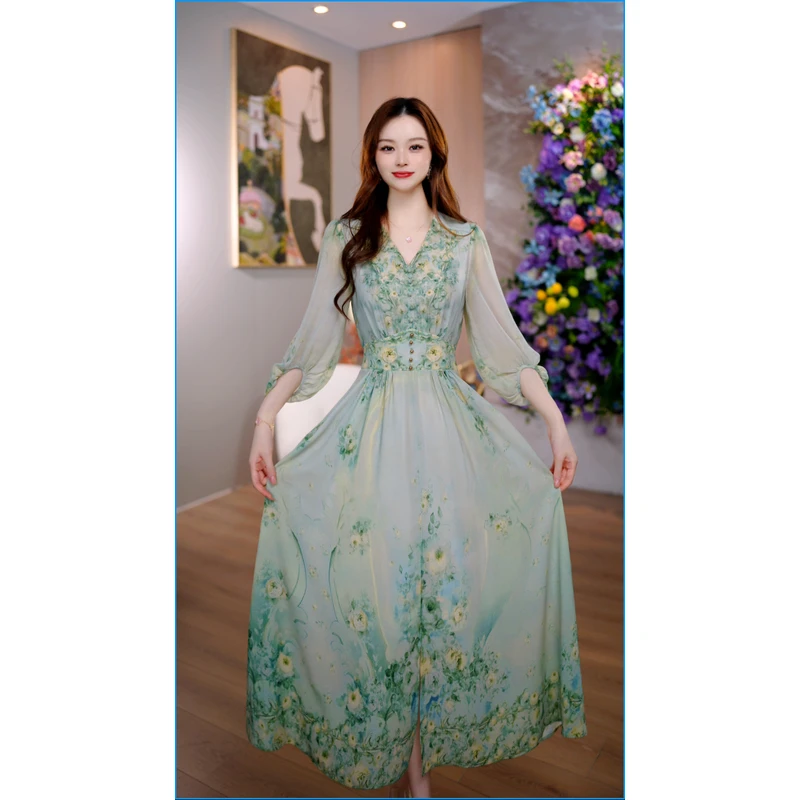 【罗拉玫瑰】25年时尚名媛风优雅气质收腰高端定位花连衣裙