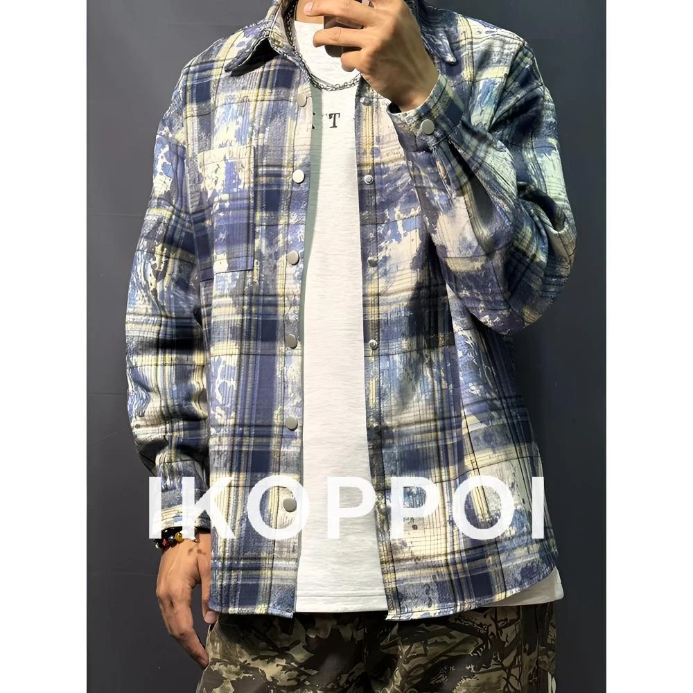 IKOPPOI水墨扎染格子衬衫设计感高级vintage潮牌痞帅炸街休闲外套