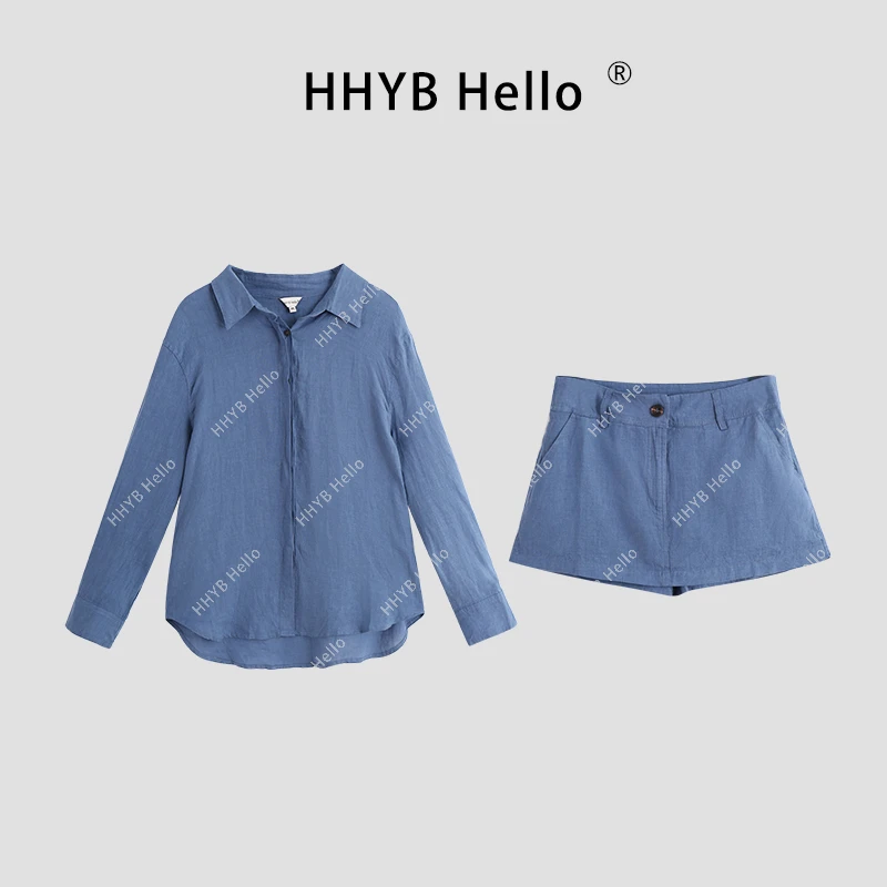 HHYB Hello【售完不补】蓝色亚麻衬衫短裤套装女H80004+H50014