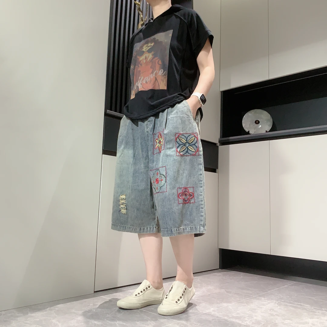 【六哥原创】设计款潮流宽松夏季复古欧货减龄休闲牛仔刺绣短裤