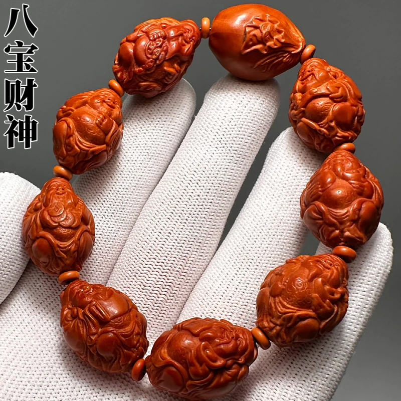 老核精雕八大财神男士橄榄核手串男款八方来财单圈核桃文玩手持珠
