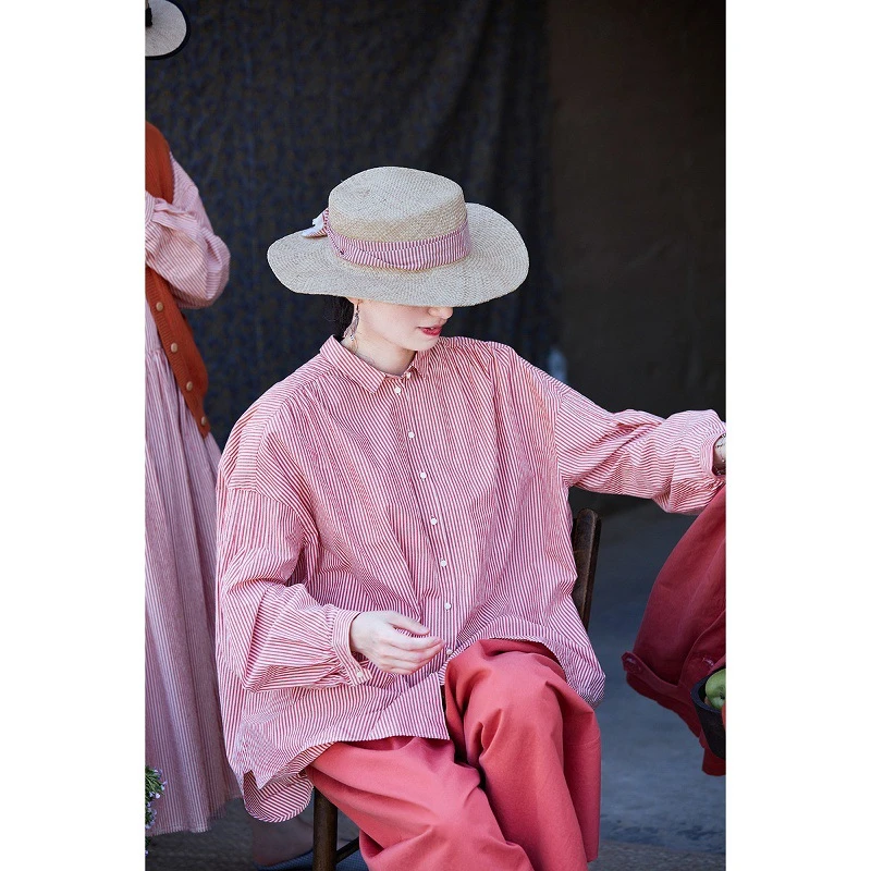 秋季新款文艺复古原创纯棉海岸粉柔美自然松弛条纹休闲宽松衬衫
