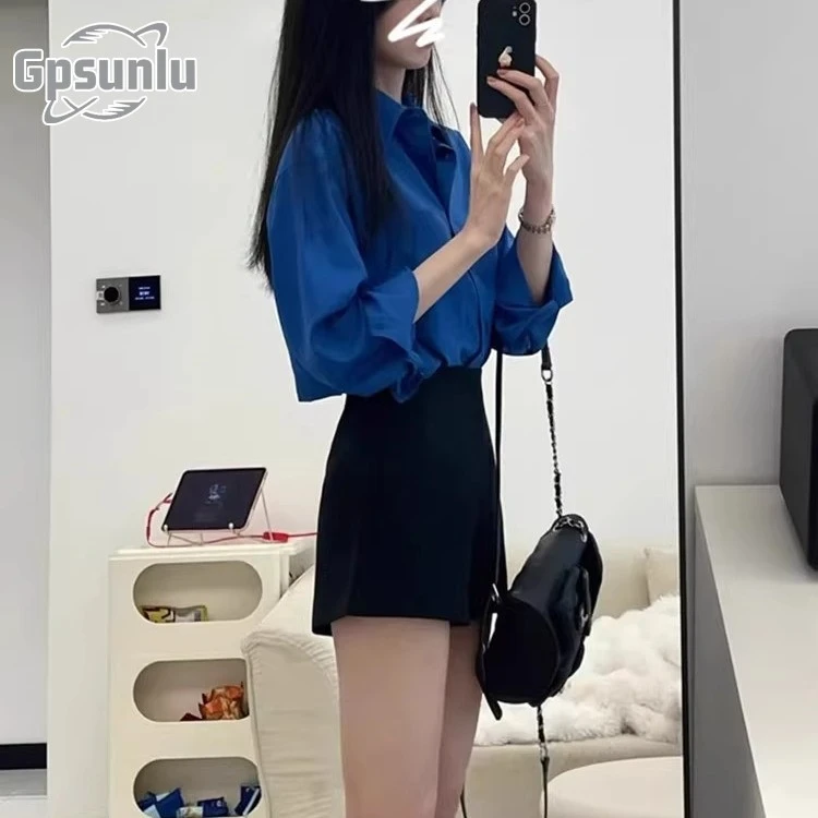 gpsunlu秋季新款蓝色显瘦衬衫外套女防晒衬衫法秋季女款蓝色显瘦