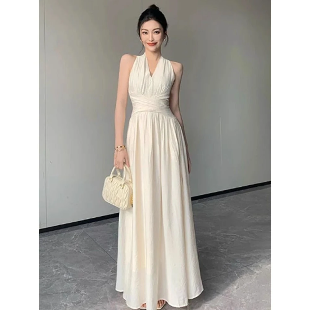 气质显瘦法式复古小众设计感礼服名媛温柔白色无袖吊带裙女2025夏