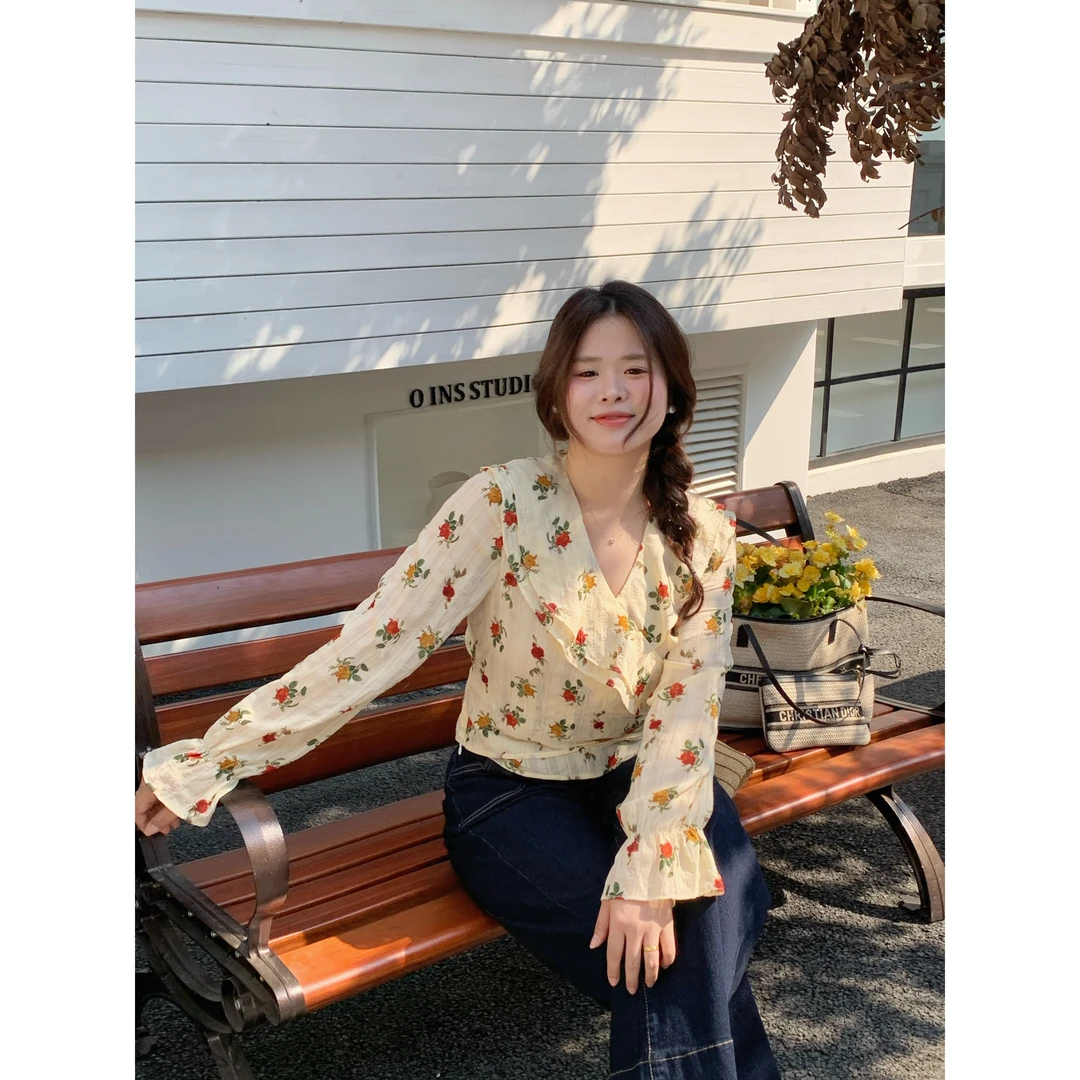 现货【莫兰迪蔷薇】大头婷丫丫定制春季V领荷叶边碎花长袖上衣